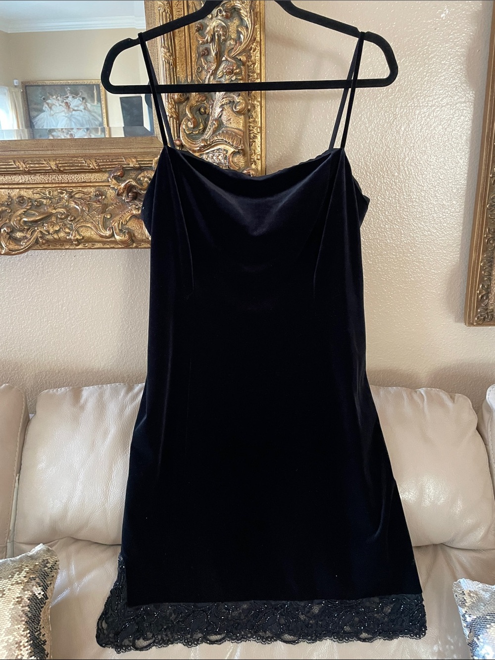 Laundry By Shelli Segal Black Velvet Slip Dress Beaded Embroidered Lace Trim - Picture 9 of 9